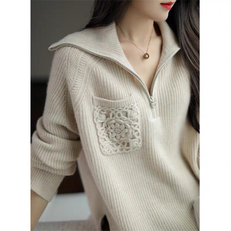 秋冬新款纯色长袖半拉链钩花兜刺绣35%羊绒保暖，女装羊绒衫，以美红杉羊绒