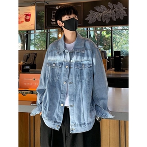 美式复古蓝色牛仔外套男女宽松百搭休闲夹克春秋季外搭JK64,格子百褶短裙黄色穿搭图片