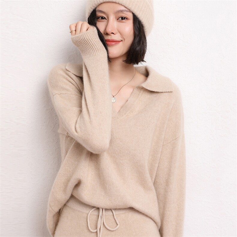羊绒衫女羊绒POLO领宽松毛衣百搭时尚针织打底衫,女装羊绒衫,五色羊羊绒