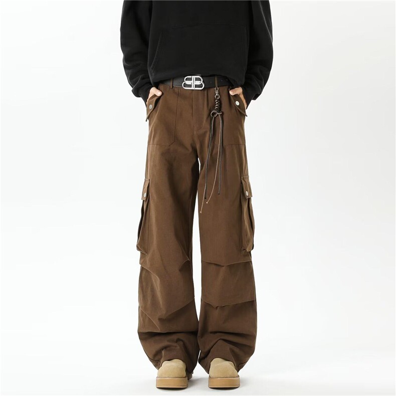 多口袋街头感工装裤棕色复古休闲裤男女废土风裤子GKX822-P75有货，男装休闲裤，星座302B-2