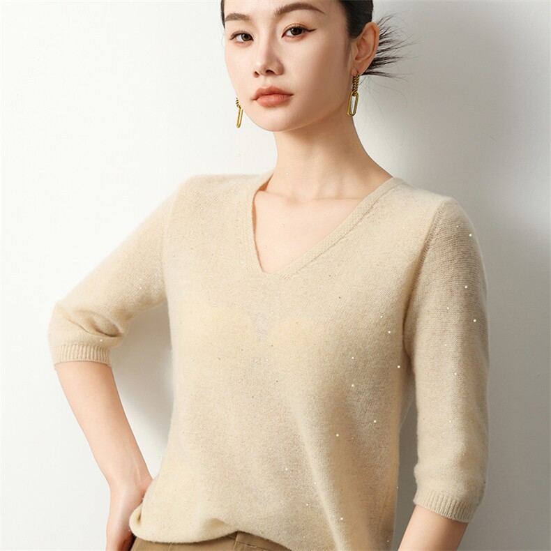 新款星点点亮片纱V领羊毛针织短袖春秋冬打底衫，女装羊毛衫，若菲羊绒