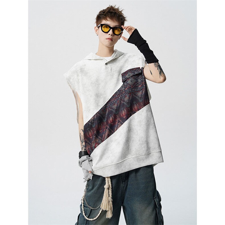 DX10139-特批36控75撞色拼接百搭宽松连帽短袖大码T恤背心，男装背心/马甲，电商A059