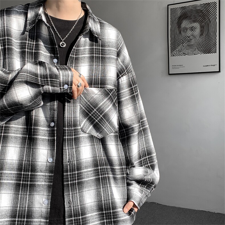 衬衫男秋季新款港风宽松大码磨毛格子长袖衬衣CS606-特P28,男装衬衫,星座214-3