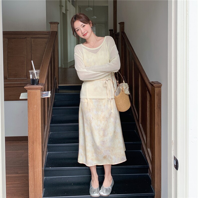 法式温柔风扎染吊带长裙+镂空针织开衫女夏显瘦通勤两件套,女装套装/套裙,维壹