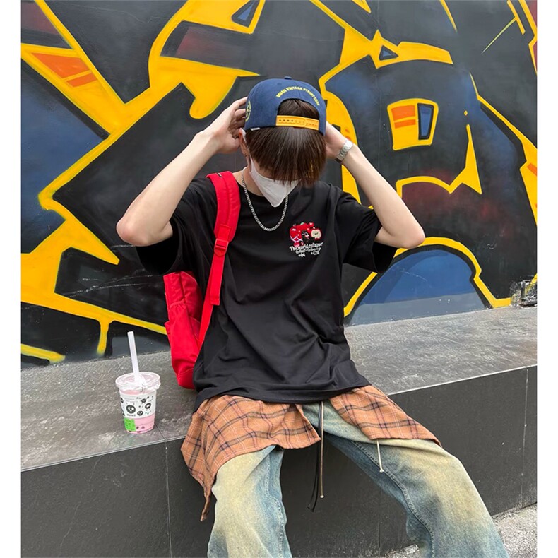 抖音得物供货210克现货宽松纯棉美式潮牌印花落肩袖纯棉T恤AT2162图片