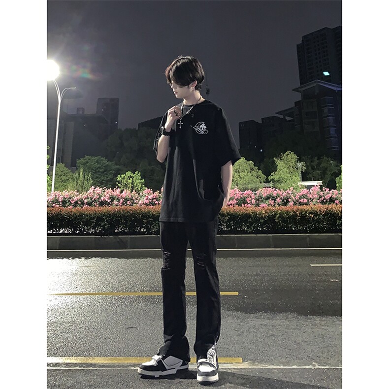 B221美式ins高街暗黑拉链小脚弹力破洞牛仔裤LK23060-P65控88,男装牛仔裤,电商B221