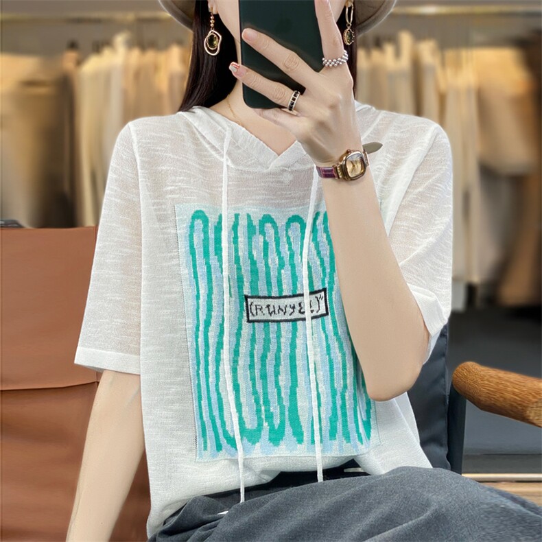 拼色连帽短袖微透竹节针织衫2024夏季新款短款女上衣宽松薄款t恤,针织衫/毛衣,大美人包芯纱店