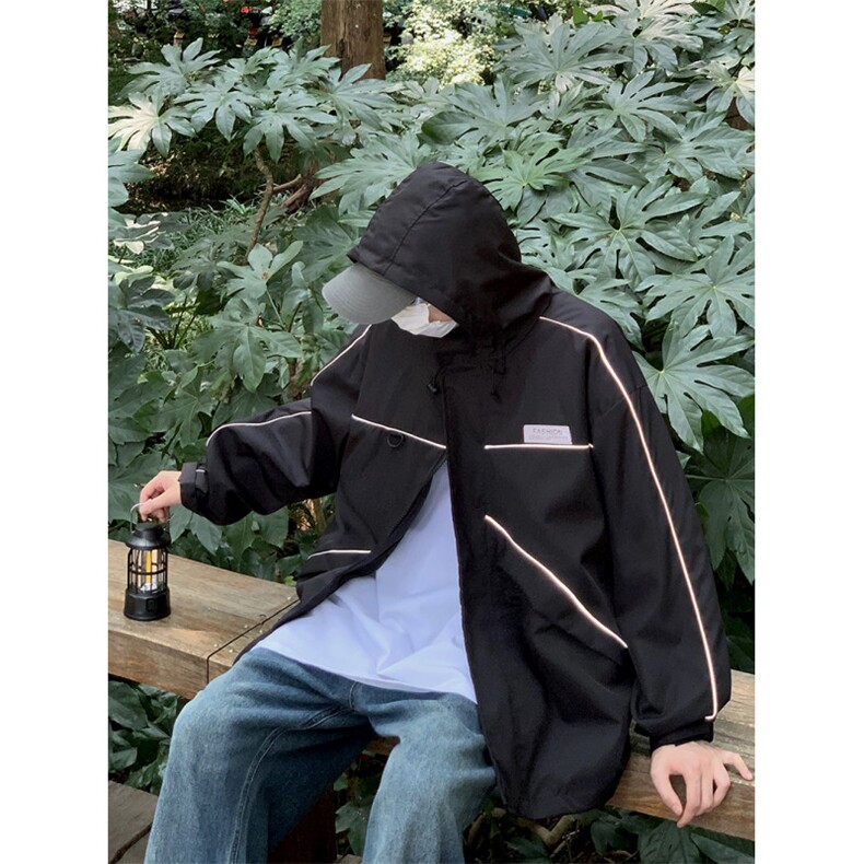 秋冬季新款反光条冲锋衣男士潮流户外登山服连帽工装夹克外套,男装夹克,星座410-7
