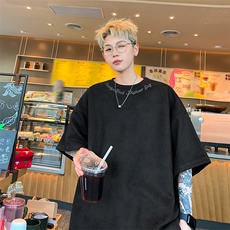港风大码日系复古麂皮绒宽松套头圆领短袖T恤XZ213-T061-P35控48，男装T恤，星座213