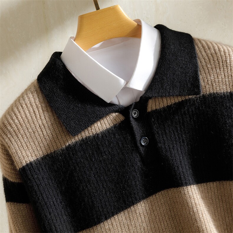 条纹POLO领纯山羊绒衫男士宽松毛衣秋冬新款加厚打底针织衫长袖男装，男装羊绒套衫，澳坤羊绒