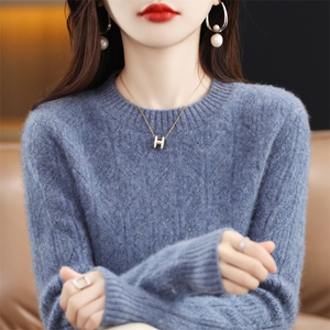 25秋冬新款圆领提花100%羊毛衫女宽松加厚套头毛衣针织羊绒打底衫图片
