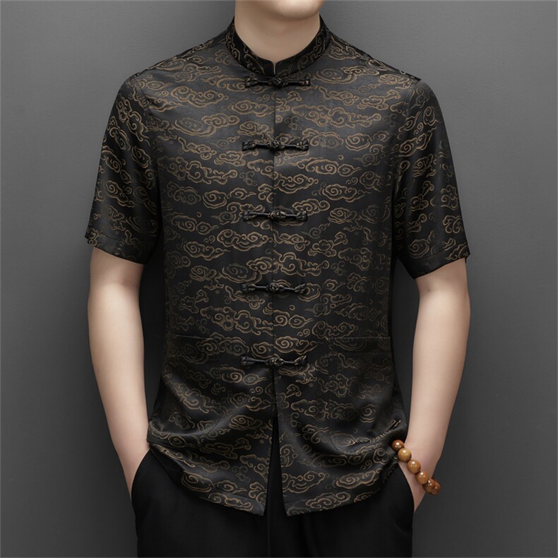 中山装男士短袖衬衫夏季中老年唐装衬衣爸爸装结婚礼服套装P108，男装衬衫，钱塘6003B