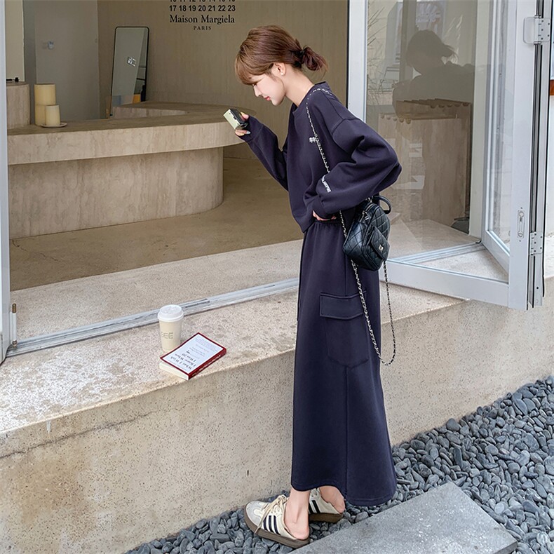 藏青色休闲时尚卫衣套装裙女2025春季新款韩系慵懒风半身裙两件套,女装套装/套裙,C位