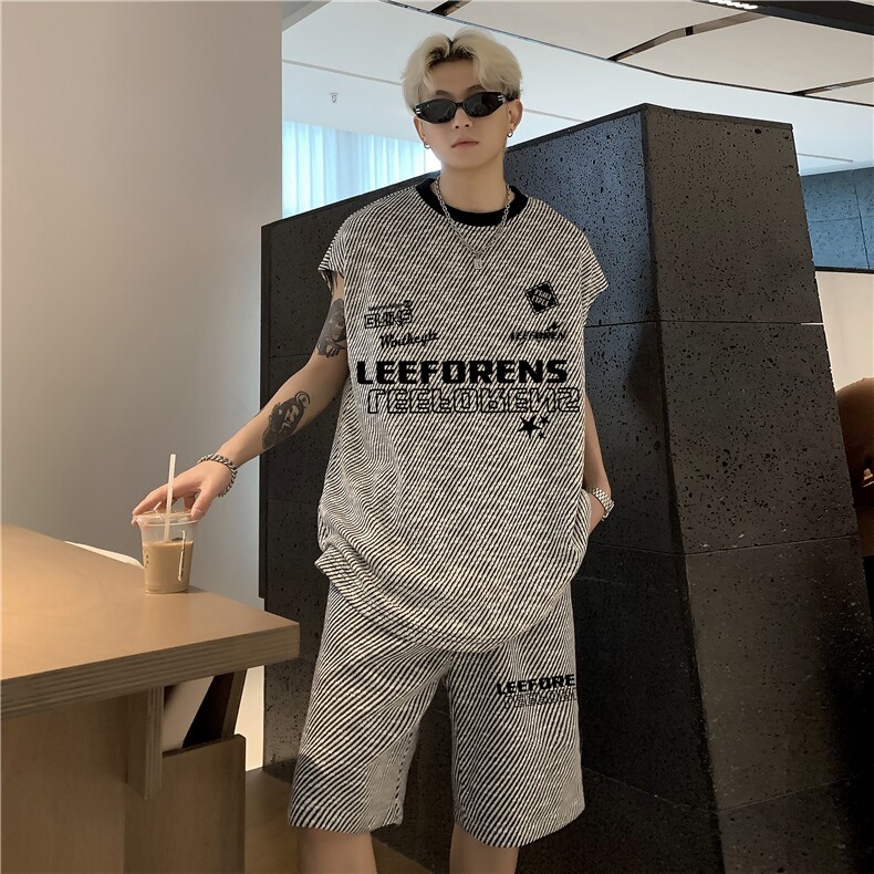 新款小众设计感无袖T恤宽松背心男五分短裤休闲运动套装男特P55,男装T恤,电商C307A