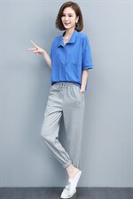 2023夏季新款简约休闲时尚立领上衣腰部个性松紧系带休闲裤两件套，女装套装/套裙，玛其路