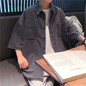 牛仔衬衫男短袖日系百搭五分袖衬衣外套宽松夏季上衣潮S1352-p45