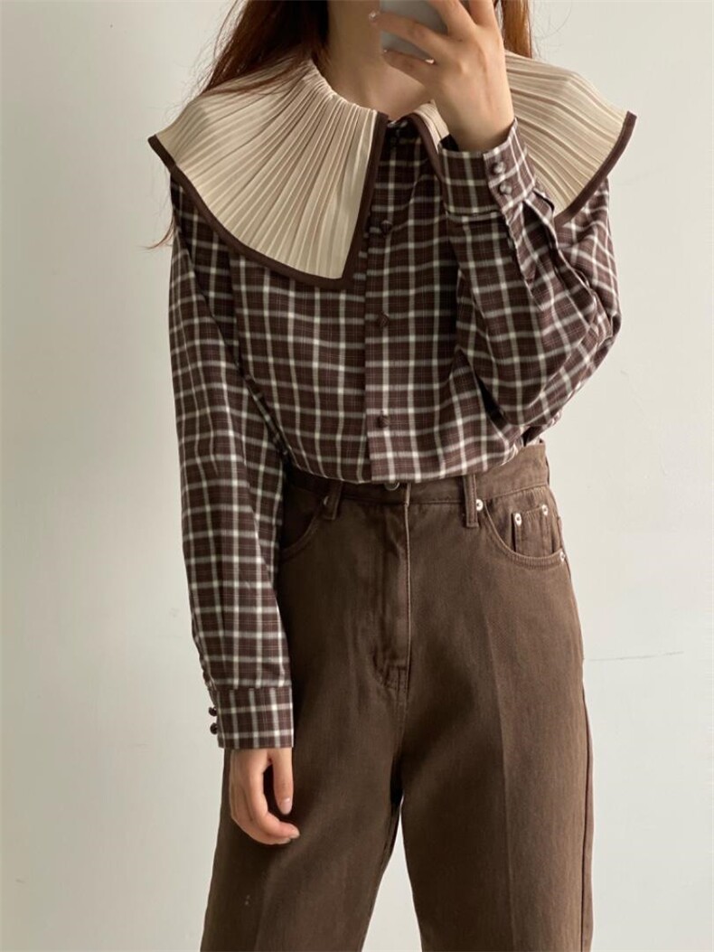 大翻领格子衬衫，女装衬衫，土布鱼