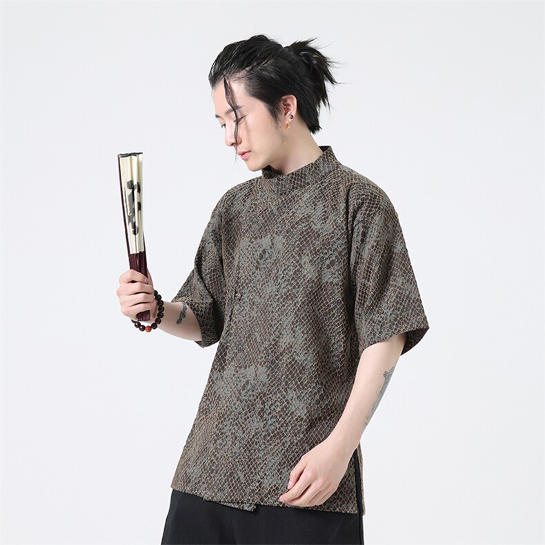 《八旗都统》新中式蟒纹提花改良汉服风盘扣短袖茶禅服31221,男装T恤,星座305A（原312A-1）