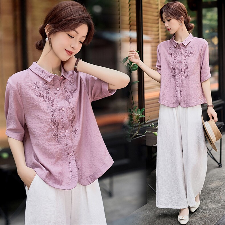 新中式国风套装女高级感天丝麻衬衫重工刺绣短袖上衣阔腿裤两件套，女装套装/套裙，魅影