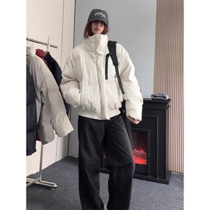 现货5W件冬季三防重磅硬挺boxy短款羽绒立领PU皮棉衣外套加厚棉服图片
