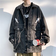 2021秋季新港风白墙日系大码男仙鹤刺绣牛仔衣夹克外套NJ125-P70，男装夹克，电商A001
