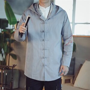 W203 *中国风国潮复古夹克麒麟刺绣唐装连帽外套风衣 浅灰 * P95,男装风衣,星座1516（原B303）