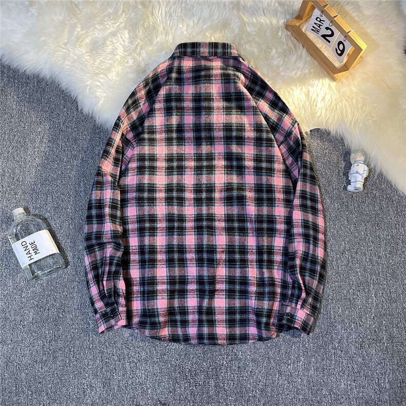 B413-1-DX957美式慵懒风长袖格子衬衫男休闲复古潮牌宽松百搭衬衣,男装衬衫,电商B413-1