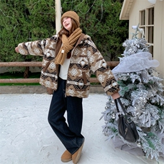 咖色印花羊羔毛连帽羽绒棉服女冬超火好看高级感加厚棉衣棉袄外套，女装毛呢外套，2B190