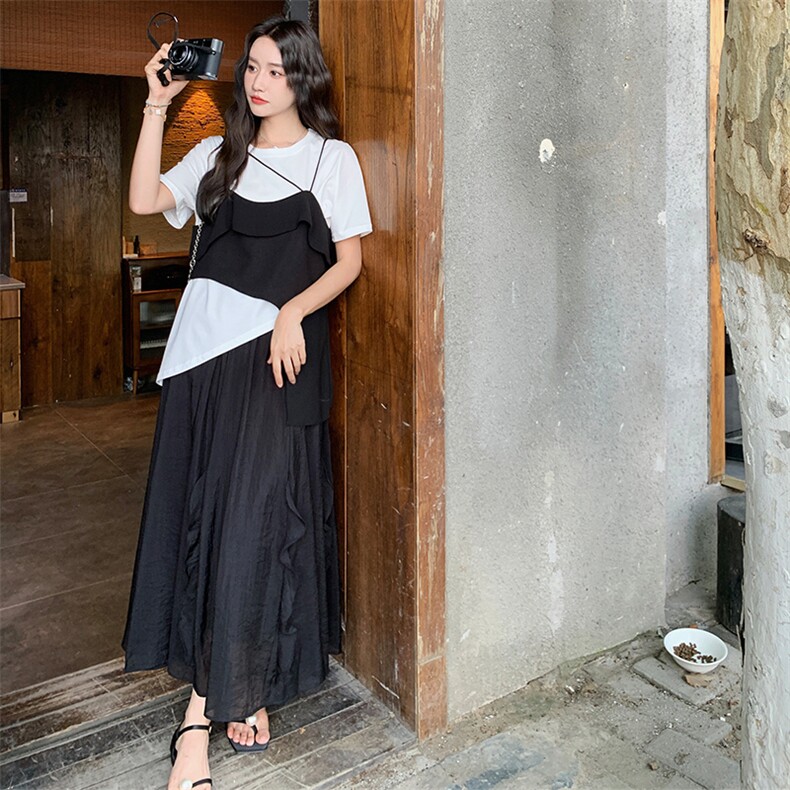 设计感小众套装裙女2025夏新款慵懒风不规则吊带T恤半身裙三件套,女装套装/套裙,2C015