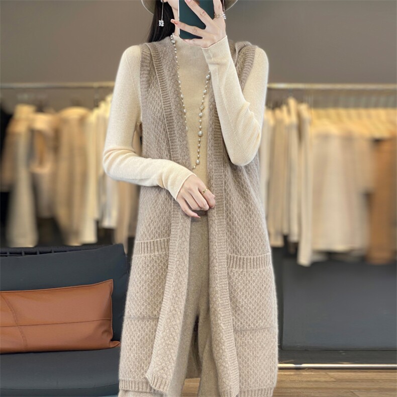 25秋冬100%纯羊毛连帽开衫女无袖马甲中长款毛衣宽松带兜坎肩外套,女装马甲,邦太羊绒