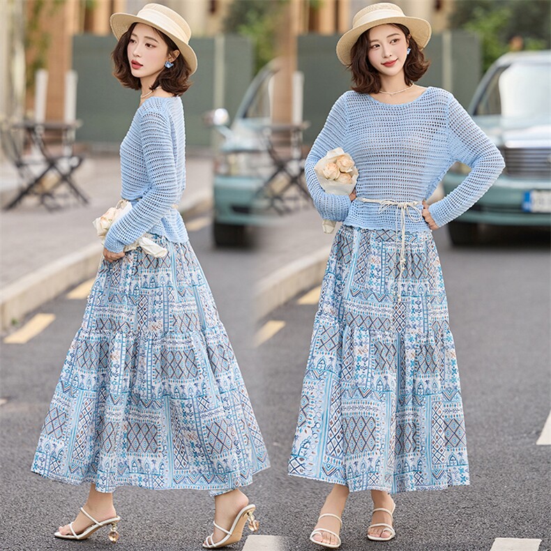 波西米亚蓝色碎花半身裙女夏季2025新款松紧腰冰丝棉a字大摆裙子，女装套装/套裙，魅丽静蓝