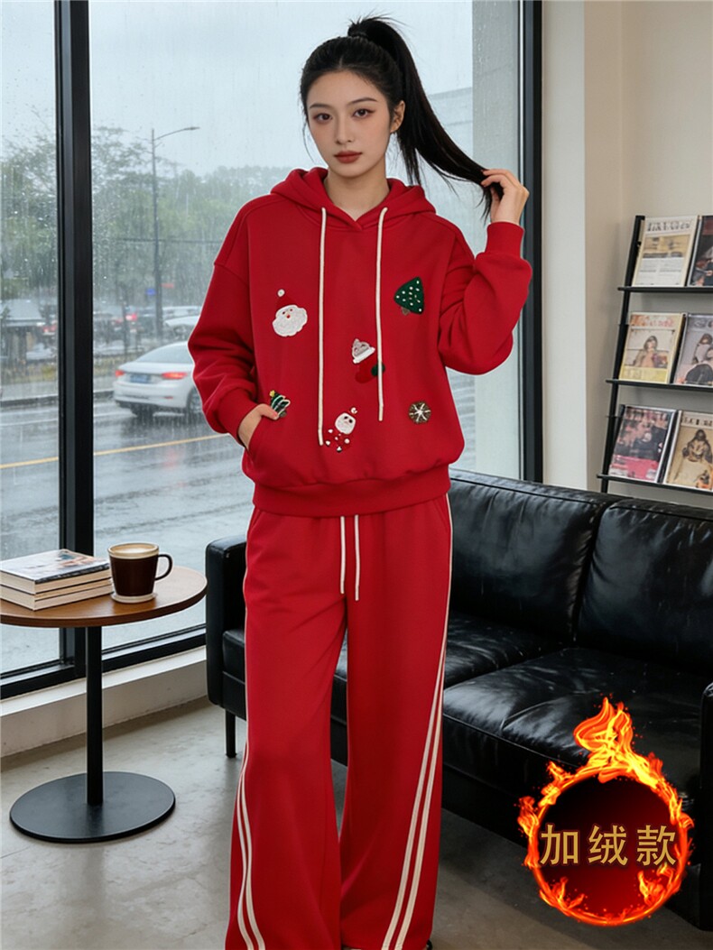 巨好看休闲时尚套装女秋冬季新款卡通印花连帽卫衣直筒长裤两件套,女装套装/套裙,江南