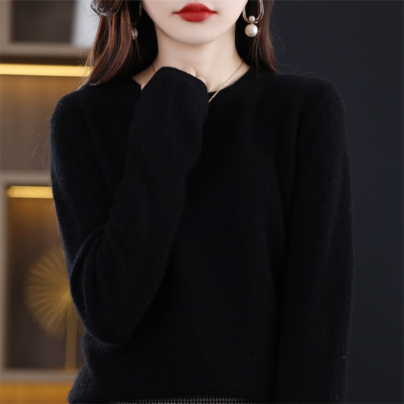 打底衫2024新款女秋冬内搭女毛衣圆领修身插肩袖低领针织毛衫上衣，女装羊毛衫，秋虹羊绒
