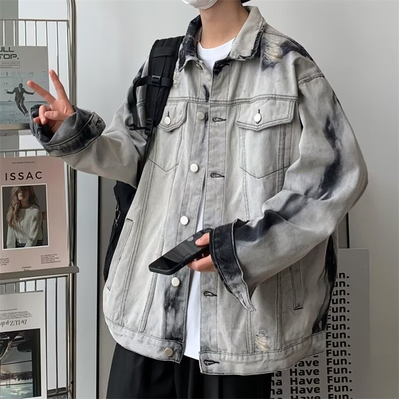 高街做旧破洞牛仔外套男士潮牌休闲夹克美式宽松痞帅上衣JN03-P65,男装工装外套,星座1008-1