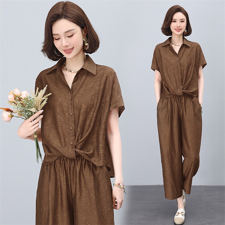 妈妈装时尚天丝套装女夏2025新款宽松洋气短袖衬衫洋气休闲两件套,女装套装/套裙,雪樱依海