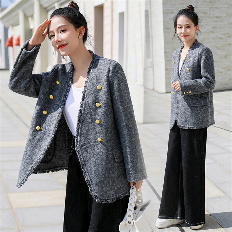 小香风流苏毛边双面呢大衣女2025秋冬季新款高端气质羊毛西装外套,女装毛呢外套,丝露怡语