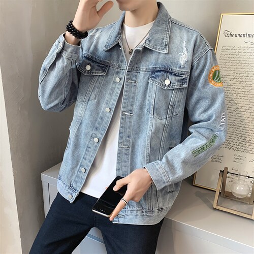 JK822-p90-限价138 现货店主风牛仔夹克肥仔量足破洞印花大码图片