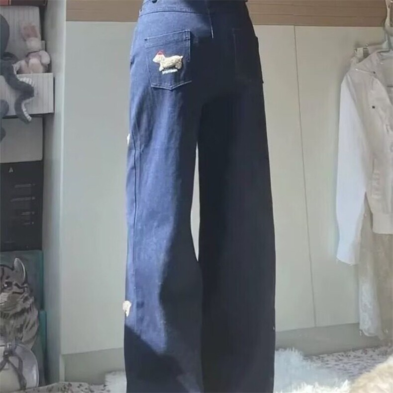 美式复古创意卡通高腰牛仔裤女秋季宽松阔腿设计感休闲百搭长裤子,男装牛仔裤,星座506A