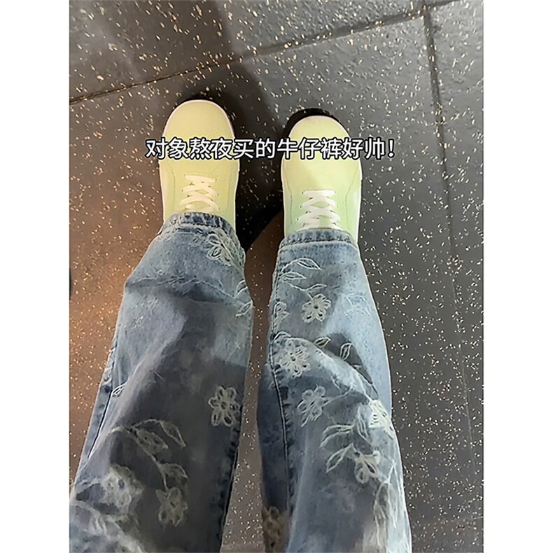 网图有货浅蓝色满印提花牛仔裤男女高街宽松直筒微喇裤A1176-P40,男装牛仔裤,星座1505