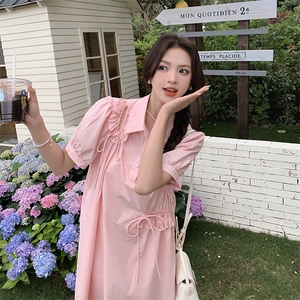 粉色小个子衬衫裙连衣裙女夏2024新款设计感甜美小清新森系a字裙图片