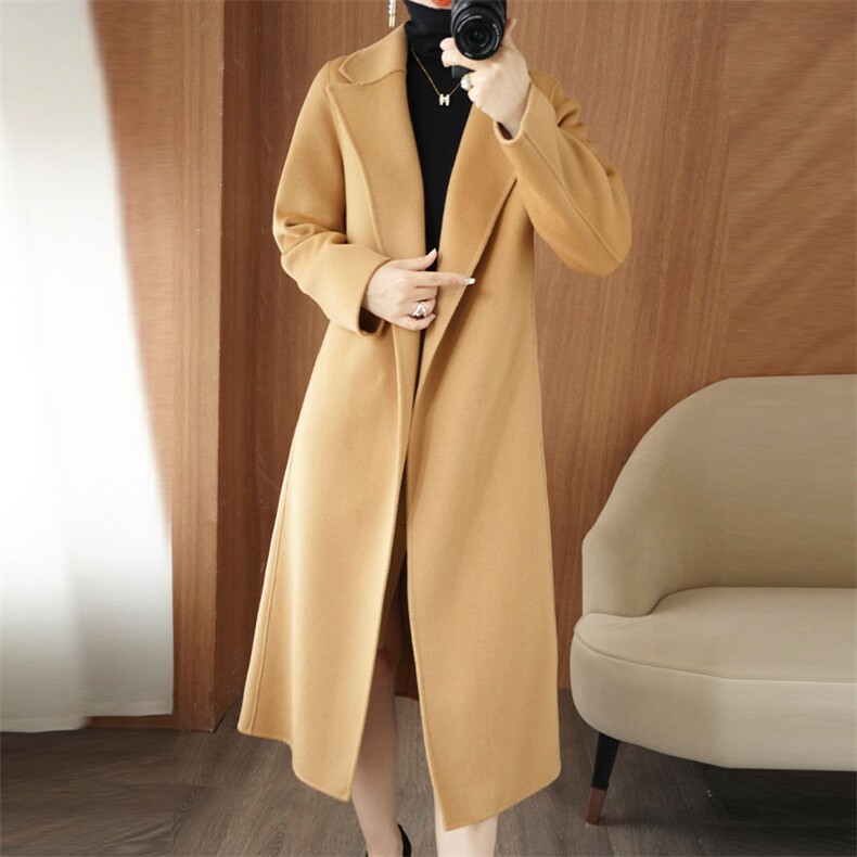 时尚百搭宽松纯色羊毛大衣秋冬必备显瘦长款外套，女装双面呢大衣，乾庄羊绒