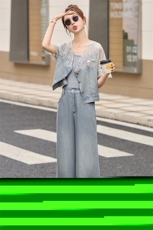 牛仔套装女薄款2025夏季新款气质蕾丝拼接高级感阔腿裤三件套装，女装套装/套裙，仟媚宠