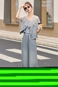 牛仔套装女薄款2025夏季新款气质蕾丝拼接高级感阔腿裤三件套装图片