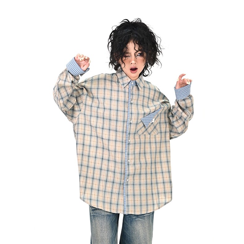 A6760-P46 2025秋季新款复古老钱风格子拼接长袖衬衫男女宽松衫衣图片