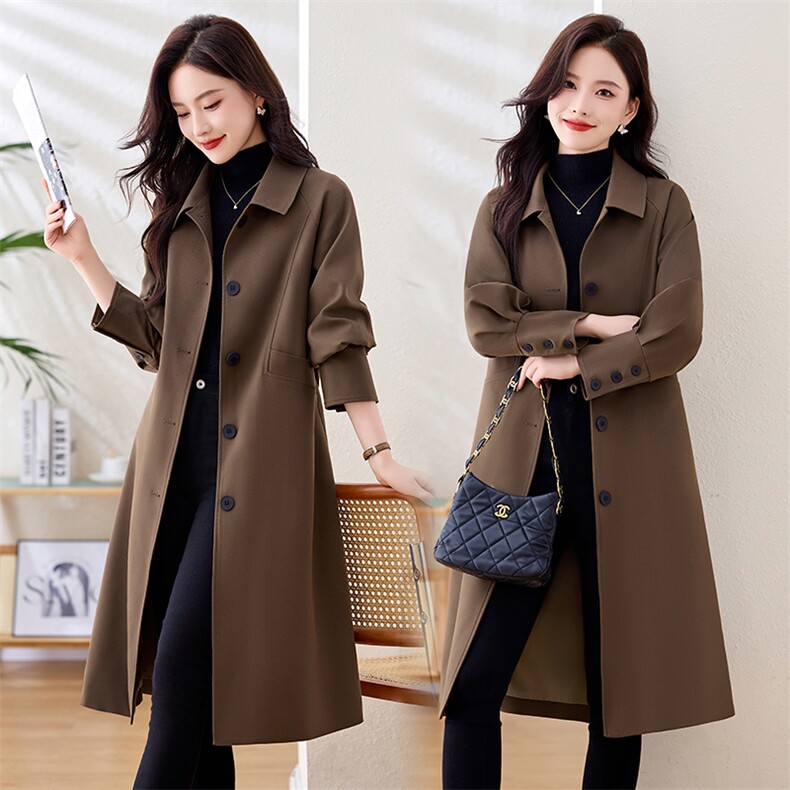 风衣女中长款春秋新款咖啡色英伦风休闲简约优雅复古翻领气质外套，女装风衣，姿衣坊