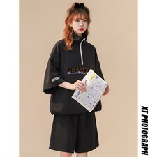 中性夏季潮牌半拉链字母运动休闲宽松情侣套装TZ754-P75控98，女装运动套装，A247A