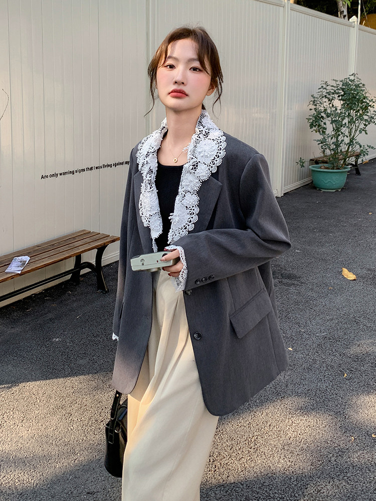 蕾丝领西装外套蕾丝领子可脱卸210-6505-P155-K2282025年秋季,女装西装,韩蜜菓