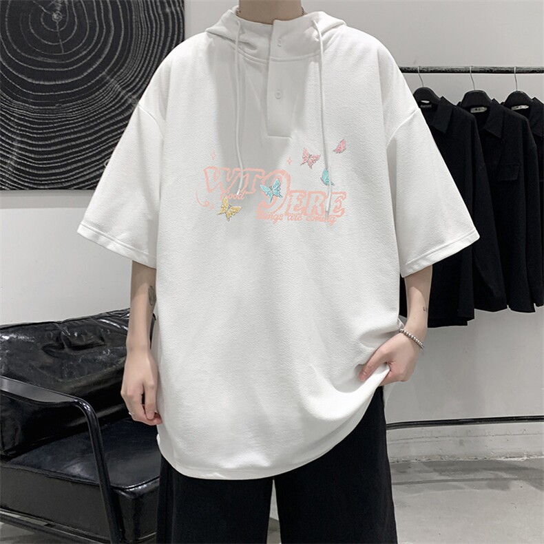 LD54443-P45NASA 连帽短袖t恤男大码胖子带帽五分袖中袖图片