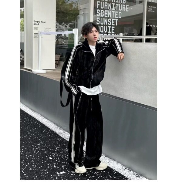 春季丝绒开衫外套两件套男小众拼色条纹设计感休闲网红运动套装潮,男装休闲裤,星座715-4