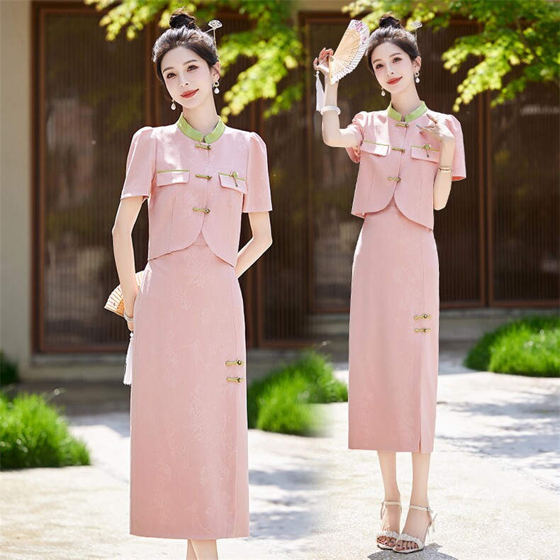 朱雀记粉色旗袍敬酒服新娘新款订婚礼服裙套装新中式结婚便装无袖，女装套装/套裙，布芭啦